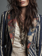 Bohemian Floral Print Cotton And Linen Striped Blazer