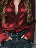 Elegant Burgundy Lace Trim Satin Blouse With Flared Cuffs