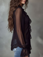 Retro Romantic Black Lace Trim Sheer Chiffon Ruffle Blouse