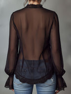 Retro Romantic Black Lace Trim Sheer Chiffon Ruffle Blouse