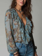 Printed Ruffled Zip-Front Chiffon Blouse – Mist Blue Snake Floral