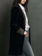 Timeless Vintage Luxury Black Velvet Blazer With Baroque Printed Lapel