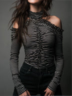 Classic High Neck Striped Cold-Shoulder Ruched Top