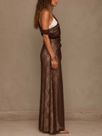 Asymmetrical Draped Sheer Tencel And Lace Maxi Dress Two Piece Set