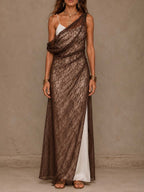 Asymmetrical Draped Sheer Tencel And Lace Maxi Dress Two Piece Set