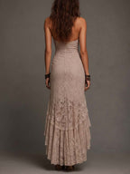 Bohemian Taupe Lace Halter High-Low Midi Dress
