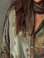 Satin Floral Button-Down Shirt With Leopard Trim