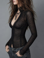 Retro Mesh Long-Sleeve Front Zipper T-Shirt With Lace Trim
