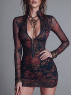 Quiet Luxury Floral Print Front-Zip Mesh Mini Dress