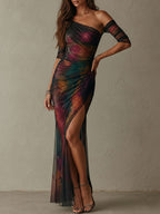 Retro Elegant Multicolor One-Shoulder Ruched Mesh Maxi Evening Dress
