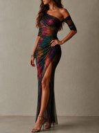 Retro Elegant Multicolor One-Shoulder Ruched Mesh Maxi Evening Dress