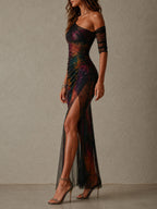 Retro Elegant Multicolor One-Shoulder Ruched Mesh Maxi Evening Dress