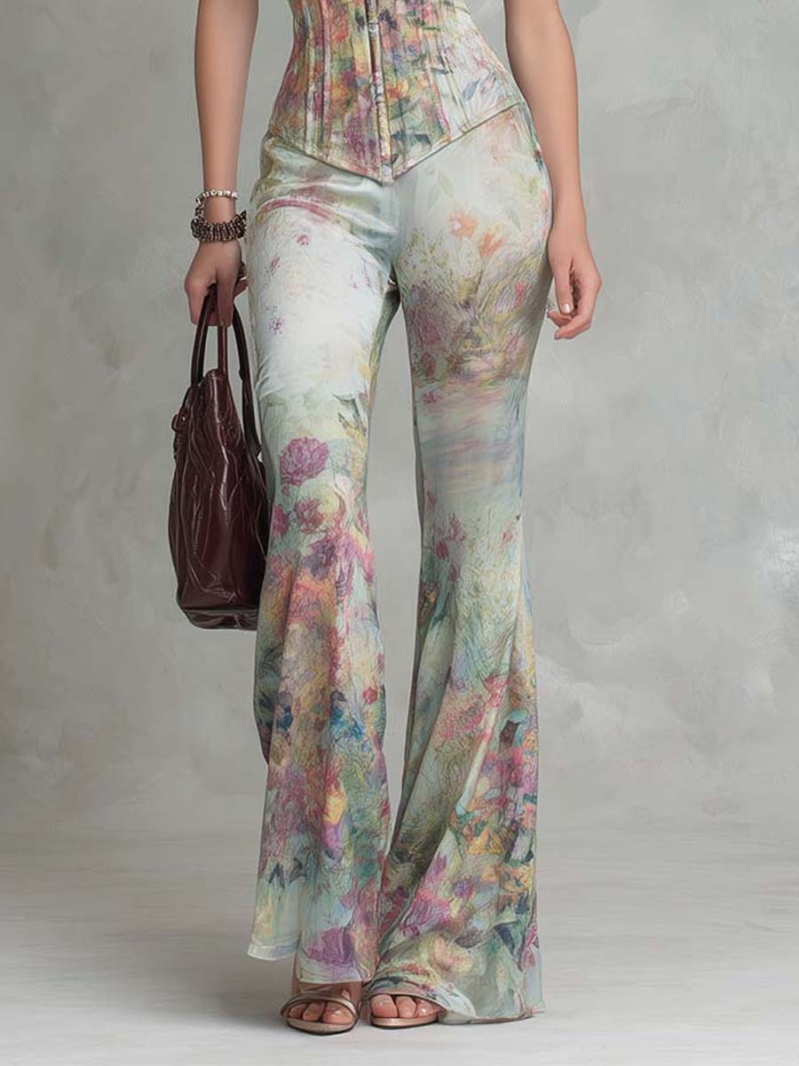 Watercolor Floral Corset-Style Cami And High-Waisted Flared Pants Two-Piece Set