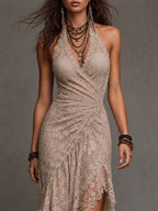 Bohemian Taupe Lace Halter High-Low Midi Dress