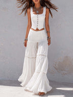 Bohemian White Ribbed Corset Top And Tiered Lace Pants Set