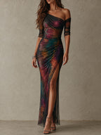 Retro Elegant Multicolor One-Shoulder Ruched Mesh Maxi Evening Dress