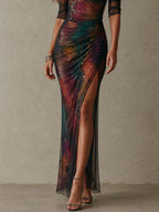 Retro Elegant Multicolor One-Shoulder Ruched Mesh Maxi Evening Dress