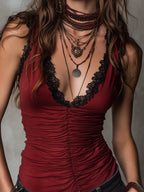 Vintage Pintucked Slim-Fit Lace Trim Tank Top