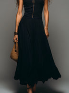 Retro Stand-Collar Zip-Front Slim-Fit Top & Pleated Maxi Skirt Set