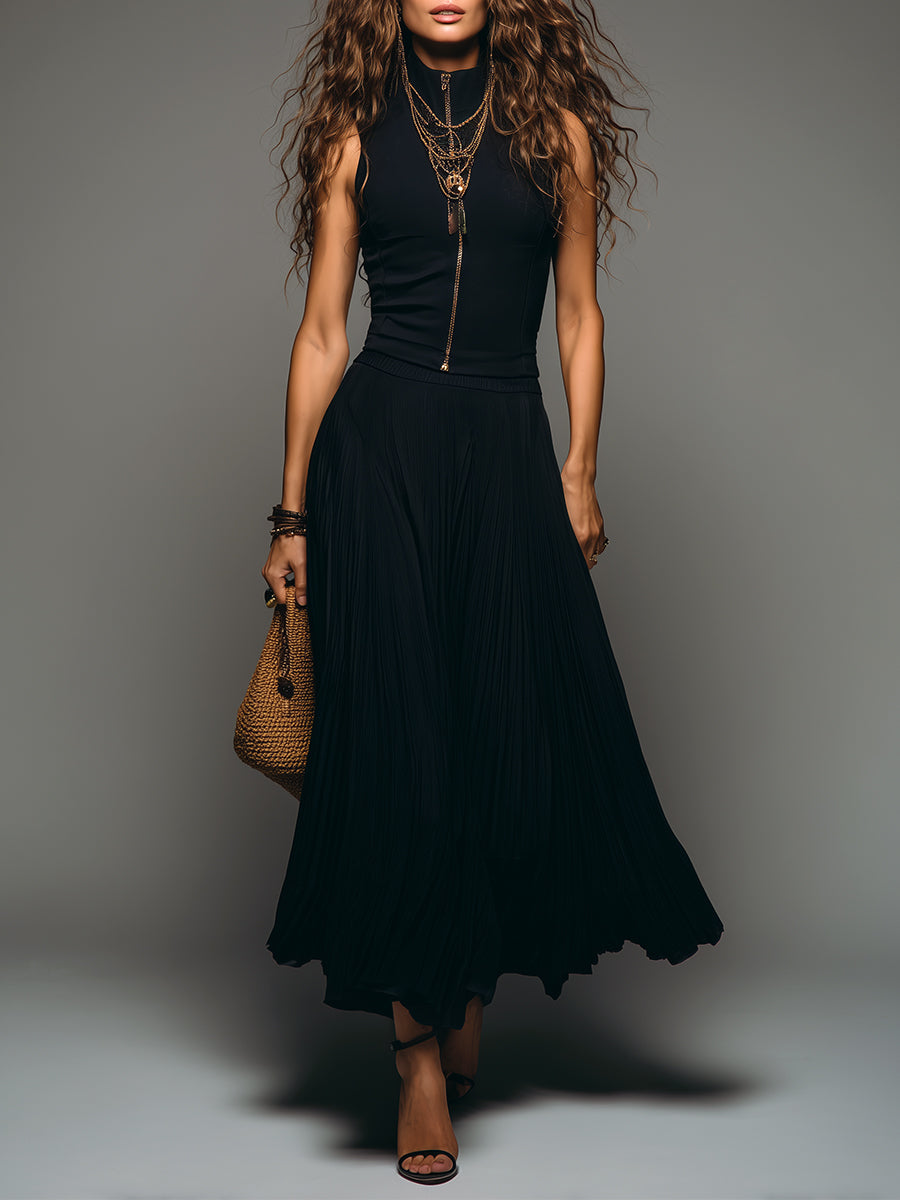 Retro Stand-Collar Zip-Front Slim-Fit Top & Pleated Maxi Skirt Set