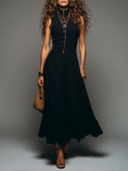Retro Stand-Collar Zip-Front Slim-Fit Top & Pleated Maxi Skirt Set