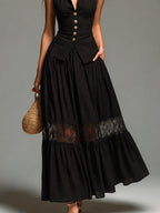 Retro Shirt-Collar Slim-Fit Vest & Lace-Trimmed Maxi Skirt Set