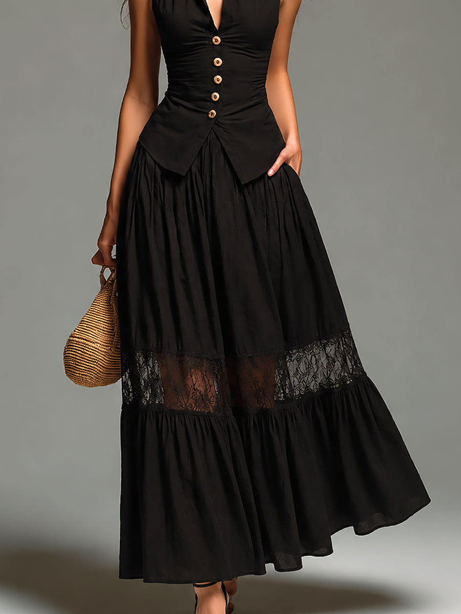 Retro Shirt-Collar Slim-Fit Vest & Lace-Trimmed Maxi Skirt Set