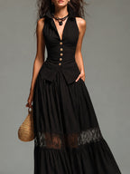 Retro Shirt-Collar Slim-Fit Vest & Lace-Trimmed Maxi Skirt Set
