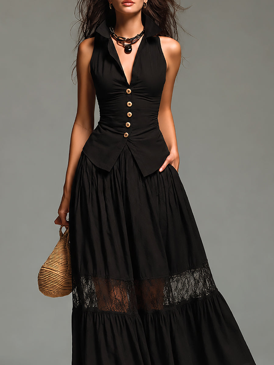 Retro Shirt-Collar Slim-Fit Vest & Lace-Trimmed Maxi Skirt Set