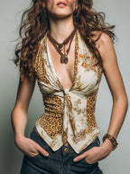 Retro Leopard & Floral Print Tie-Front Tank Top