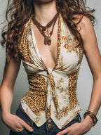 Retro Leopard & Floral Print Tie-Front Tank Top