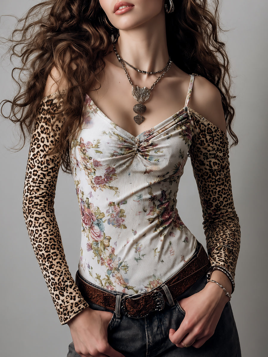 Sexy Leopard Print & Floral Cutout-Shoulder Long-Sleeve T-Shirt