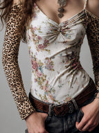Sexy Leopard Print & Floral Cutout-Shoulder Long-Sleeve T-Shirt