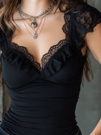 Romantic Chic Black Lace Trim Ribbed Tank Top