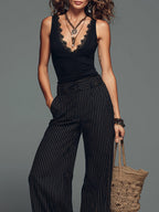 Vintage-style Lace-trim Tank Top & Striped Wide-leg Pants Set