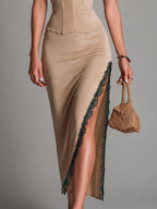 Elegant Color-Block Lace-Trim Satin Midi Skirt Set