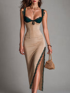 Elegant Color-Block Lace-Trim Satin Midi Skirt Set