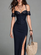 Elegant Lace Corset Blouse & Striped High-slit Midi Skirt Set