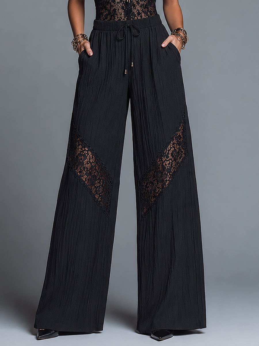 Vintage-style Halter-neck Lace Top & Crinkled Chiffon Wide-leg Pants Set