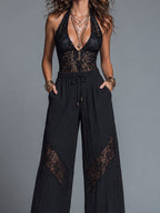 Vintage-style Halter-neck Lace Top & Crinkled Chiffon Wide-leg Pants Set
