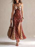 Elegant Printed Chiffon High-slit Mermaid Camisole Maxi Dress