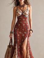 Elegant Printed Chiffon High-slit Mermaid Camisole Maxi Dress