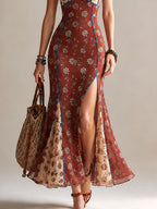 Elegant Printed Chiffon High-slit Mermaid Camisole Maxi Dress