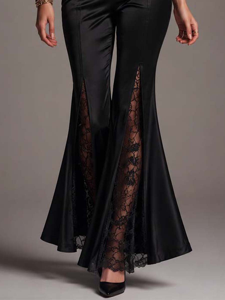 Vintage-style Black Satin And Lace Corset And Flared Trousers Two-piece Set
