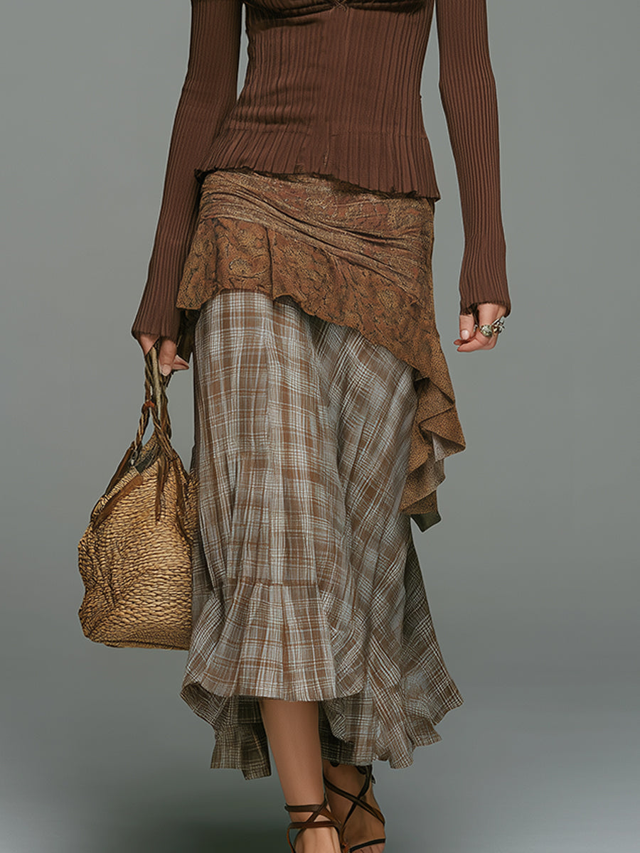 Vintage-style Top With Detachable Sleeves & Plaid-panel Skirt Set