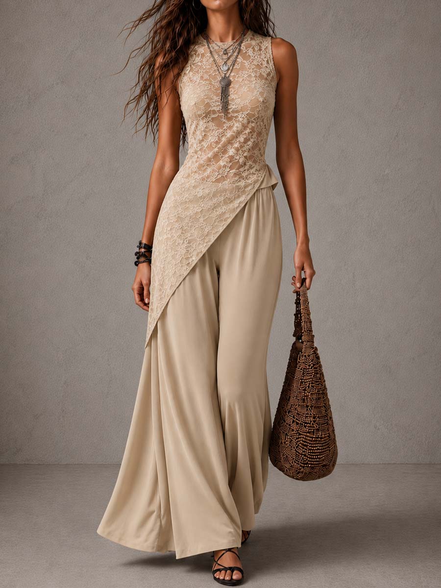 Vintage Lace Asymmetrical Top & Wide Leg Pants 2-Piece Set