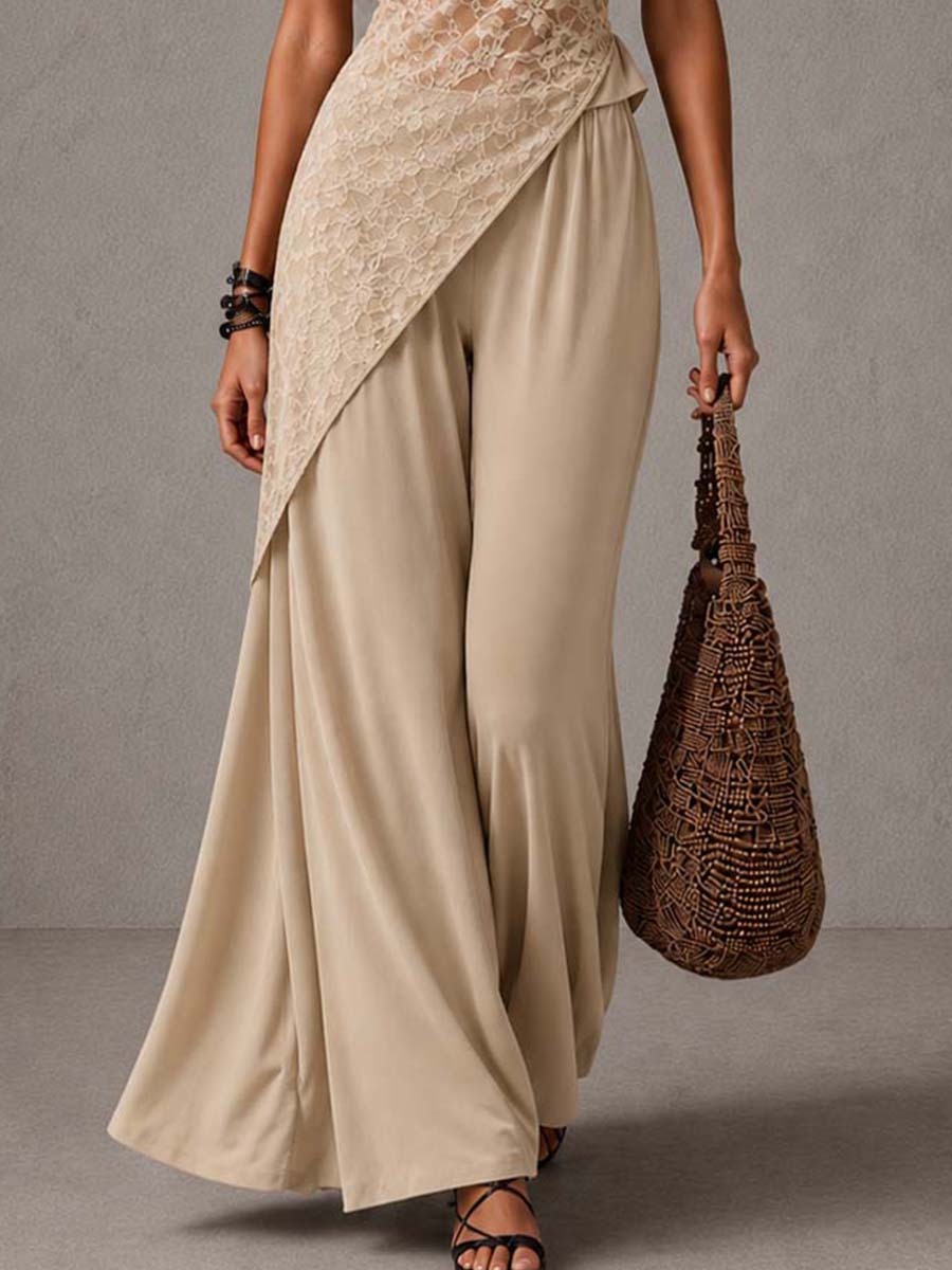 Vintage Lace Asymmetrical Top & Wide Leg Pants 2-Piece Set