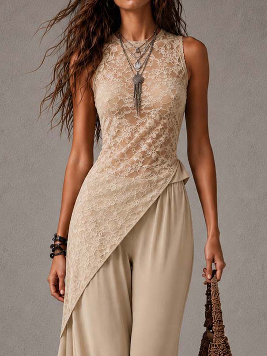 Vintage Lace Asymmetrical Top & Wide Leg Pants 2-Piece Set