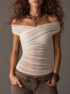 Off Shoulder Cross Wrap Ruched Mesh Slim Fit Top