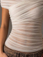 Off Shoulder Cross Wrap Ruched Mesh Slim Fit Top